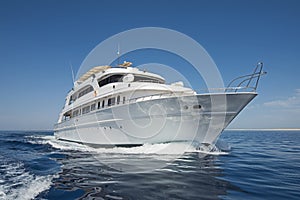 Luxury motor yacht sailing out on tropcial sea