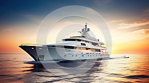 Luxury motor yacht sailing in sea at sunset, expensive rich boat, generative AI