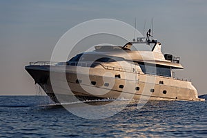 luxury motor yacht sailing at sunset