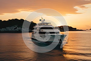 Luxury motor yacht sailing at sunset, expensive boat near tropical coast, generative AI