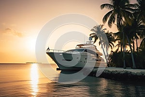 Luxury motor yacht in sea bay at sunset, expensive rich boat in ocean, generative AI