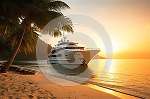 Luxury motor yacht in sea bay at sunset, expensive rich boat in ocean, generative AI