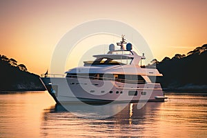 Luxury motor yacht in sea bay at sunset, expensive rich boat in ocean, generative AI