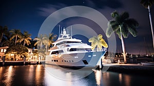 Luxury motor yacht in sea harbor at night, expensive boat near tropical shore, generative AI