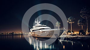 Luxury motor yacht in sea at night, expensive boat moored in harbor, generative AI