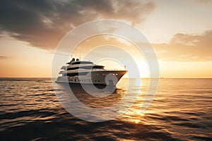 Luxury motor yacht in sea at sunset, big expensive boat moves in ocean, generative AI