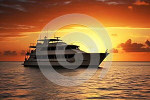 Luxury motor yacht in sea at sunset, expensive boat moves in ocean, generative AI