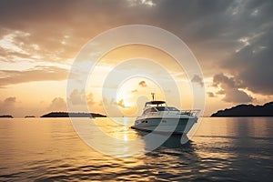 Luxury motor yacht in sea at sunset, expensive boat near ocean coast, generative AI