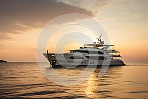 Luxury motor yacht in sea at sunset, expensive boat in ocean, generative AI