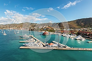 Luxury motor yachts in the Long Bay marina at the Charlotte Amalie Cruise Port in St. Thomas, U.S. Virgin Islands, Caribbean