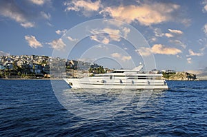 Luxury motorboat entering in Marina Zeas, Piraeus, Greece