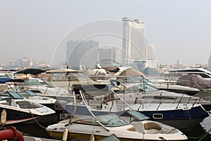 Luxury motorboats and yachts at the dock