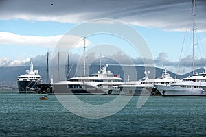 Luxury motorboats and yachts at the dock.Marina Zeas, Piraeus,Greece