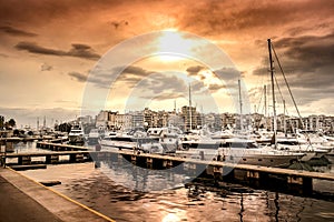 Luxury motorboats and yachts at the dock.Marina Zeas, Piraeus,Greece.