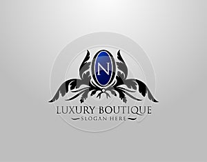Luxury N Letter Logo. Vintage N Premium Badge Design for Royalty, Restaurant, Label, Letter Stamp, Boutique,  Hotel, Heraldic,