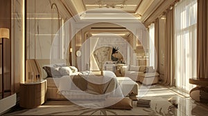 Luxury Neoclassic Beige and Brown Bedroom in Dubai photo