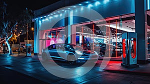 Luxury new car parked at dealership at night, modern shiny electric vehicles for sale in showroom. Concept of window, street, shop
