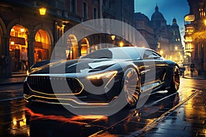 luxury new concept car on road in the city at night