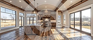Luxury new homes with farmhouse sink hardwood floors wood beams quartz counters. Concept Luxury