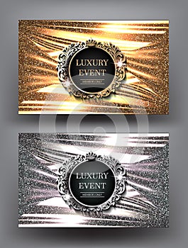 Luxury night party gold and silver invitation cards with vintage frames and sparkling folded fabric background.