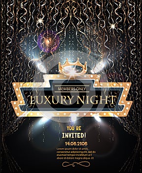 Luxury night party invitation card with retro frame, gold serpentine and crown.