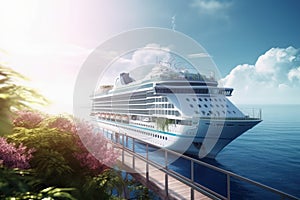 Luxury ocean cruise ship at the mooring of a tropical paradise island. Tropical vegetation and bright flowers, emerald