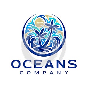 Luxury ocean view sunset logo design template. Modern palm beach wave logo.