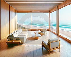 Luxury Oceanfront Property Vintage Retro Mid-Century Modern Home House interior Living Room Scenic Ocean AI Generated