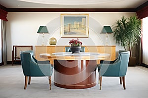 luxury office with a mahogany round table and plush velvet chairs