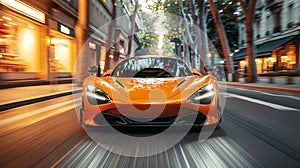 luxury orange sports car drives fast on road in city at a resort. Motion blur