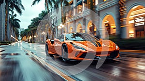 luxury orange sports car drives fast on road in the city at resort with palm trees. Motion blur