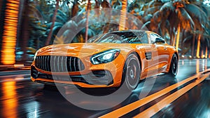 luxury orange sports car drives fast on road at resort with palm trees. Motion blur