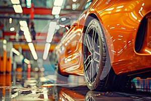 Luxury Orange Sports Car in Showroom Sleek Design, Shiny Alloy Wheels, and Modern Automotive Excellence