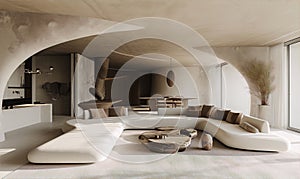 Luxury organic interior design. Smooth curved walls and furniture in neutral colors with wood and stone accents and large windows.