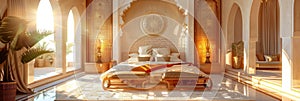 Luxury Oriental Arab Hotel Room, Wealthy Middle East Bedroom Interior, Copy Space