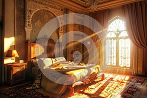 Luxury Oriental Arab Hotel Room, Wealthy Middle East Bedroom Interior, Copy Space