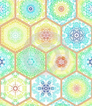 Luxury oriental tile seamless pattern. Colorful floral patchwork background. Mandala boho chic style. Rich flower