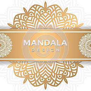 Luxury ornamental mandala design Wedding invitation background in gold color.