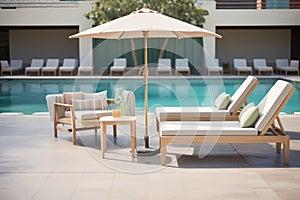 luxury outdoor chaise lounges arranged by the poolside