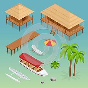 Luxury overwater thatched roof bungalow, bridge, palm tree, pleasure boat, kayak, beach lounger and sun umbrella
