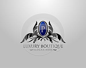 Luxury P Letter Logo. Vintage P Premium Badge Design for Royalty, Restaurant, Label, Letter Stamp, Boutique,  Hotel, Heraldic,