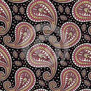 Luxury pattern with paisley ornamental design in golden and pink colors on black background. Weamless for wallpaper, textile