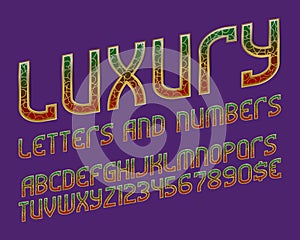 Luxury patterned letters, numbers and currency signs. Golden ornament with gradient colored symbols vintage font