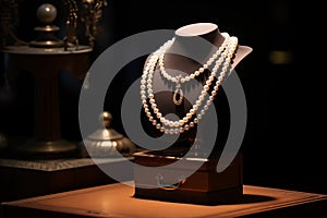 Luxury pearl necklace displayed on velvet jewelry stand. Generative AI