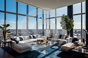 Luxury penthouse apartment overlooking a city skyline. Generative AI