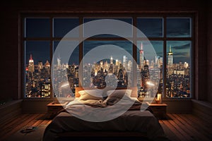 Luxury Penthouse Bedroom with Breathtaking City Night View. Generative AI.