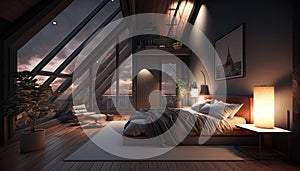 Luxury penthouse bedroom at night, ai generative