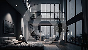 Luxury penthouse bedroom at night, ai generative