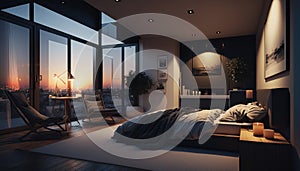 Luxury penthouse bedroom at night, ai generative