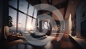 Luxury penthouse bedroom at night, ai generative